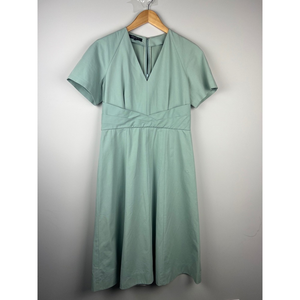 Lafayette 148 New York Seafoam Green V-Neck Pleated Waist A-Line Midi Dress 6
